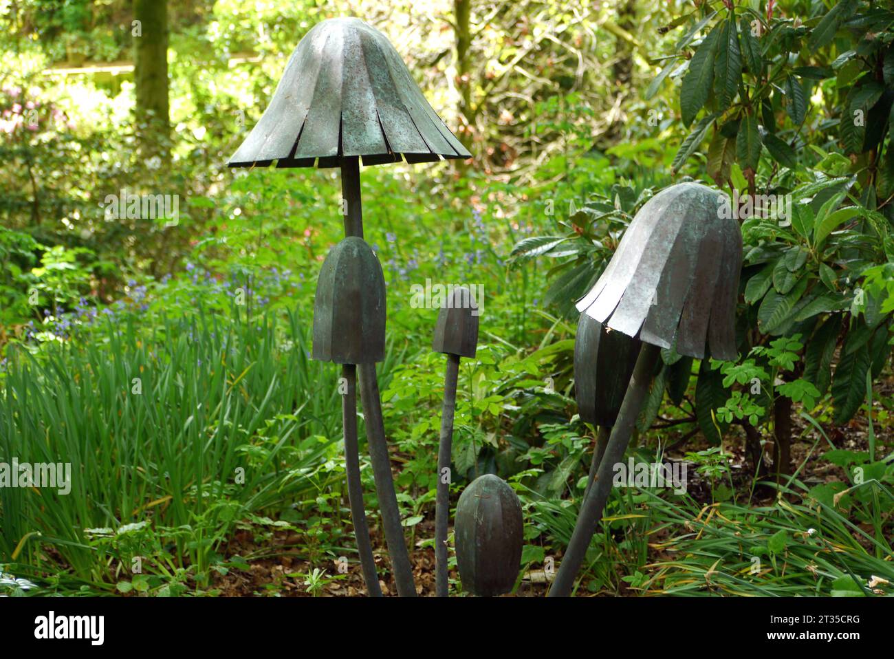 Steel Mushrooms in the Woods by Sculptors Antony Sturgiss & Steve Blaylock in the Himalayan Garden & Sculpture Park, North Yorkshire, England, UK. Stock Photo