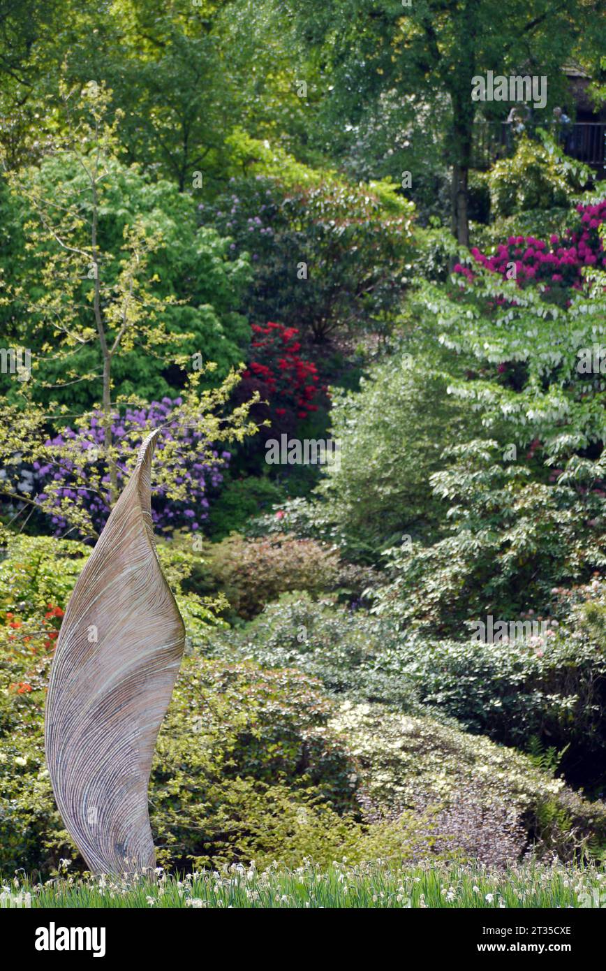 Tall Fibreglass Sculpture of a Sycamore Seed (Samara) in the Woods by Rebecca Newham in the Himalayan Garden & Sculpture Park, North Yorkshire. Stock Photo