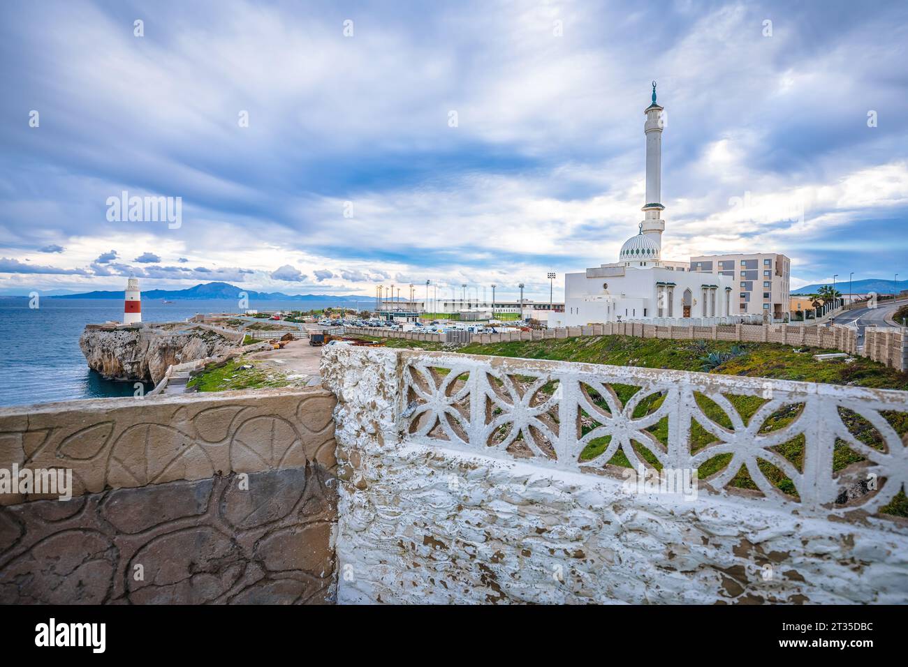Ibrahim al Ibrahim Mosque and lighthouse of Gibraltar view, southernmost point of Europe Stock Photo