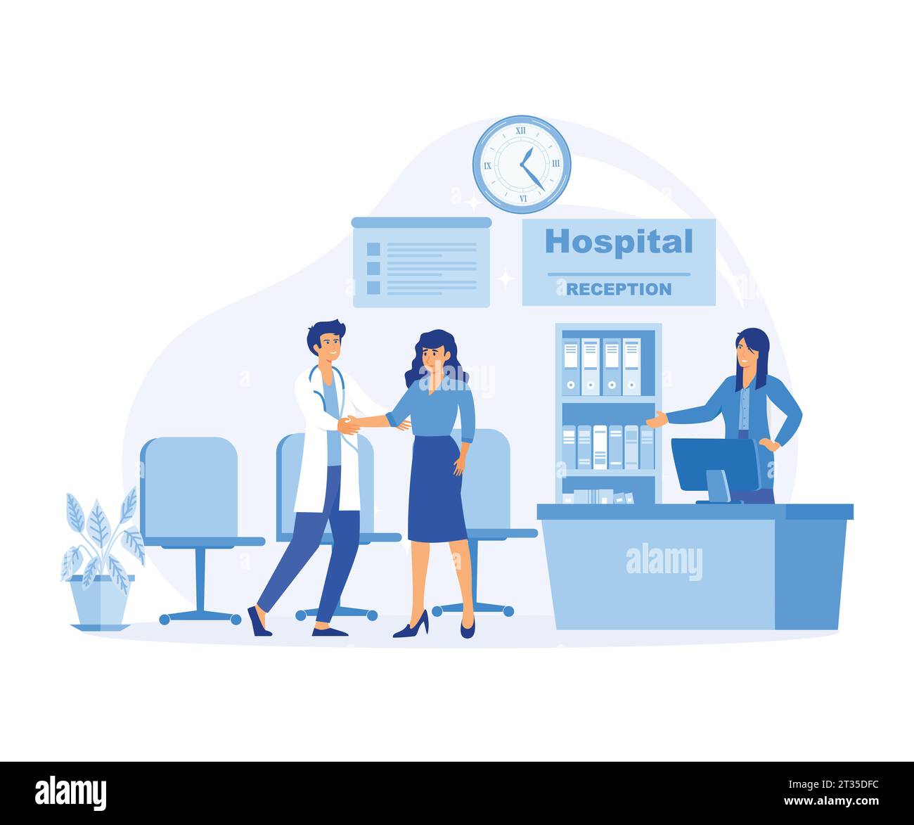 Modern clinic reception, Hospital visit, happy physician and patient handshake at front desk, flat vector modern illustration Stock Vector