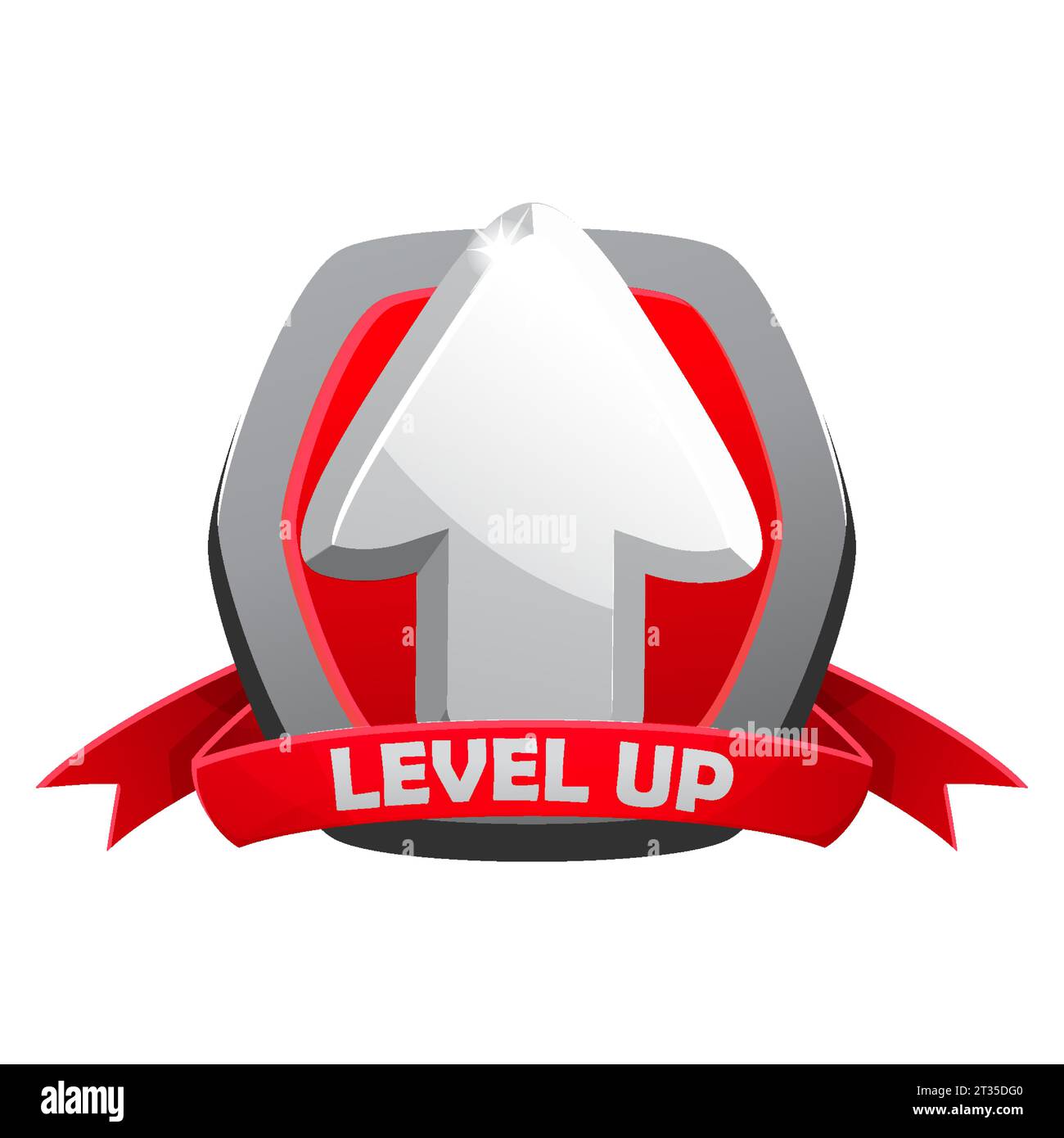 Game silver level up badge and win icon, shield banner of completed level, vector UI sign. Level up icon with a silver shield Stock Vector