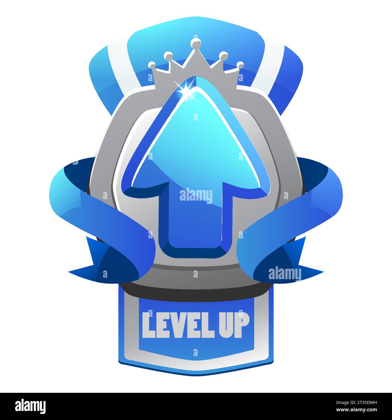 Game silver level up badge and win icon, shield banner of completed level, vector UI sign. Level up icon with a silver shield Stock Vector
