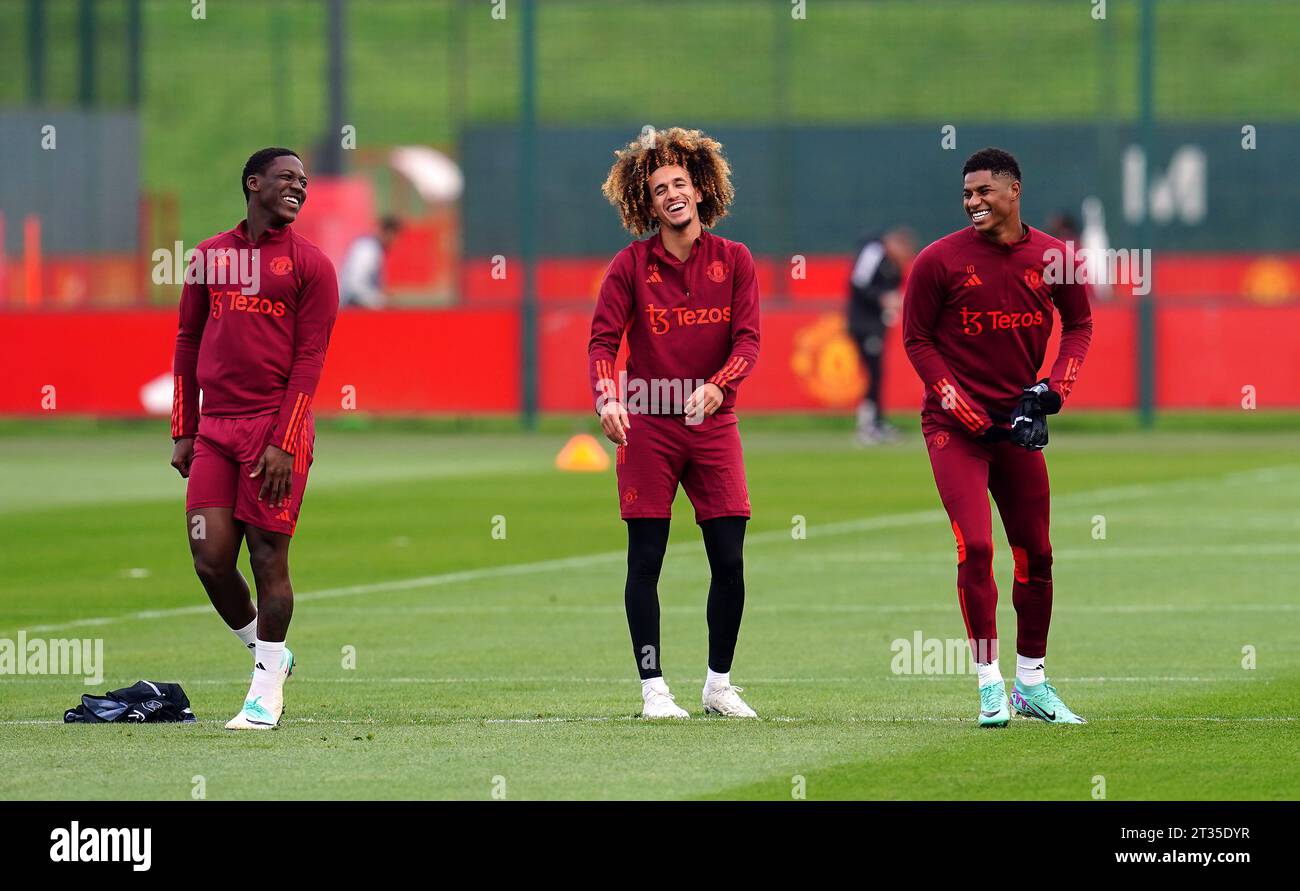 Manchester United's Kobbie Mainoo, Hannibal Mejbri and Marcus Rashford (left-right) during a training session at the Trafford Training Centre in Carrington, Greater Manchester. Picture date: Monday October 23, 2023. Stock Photo