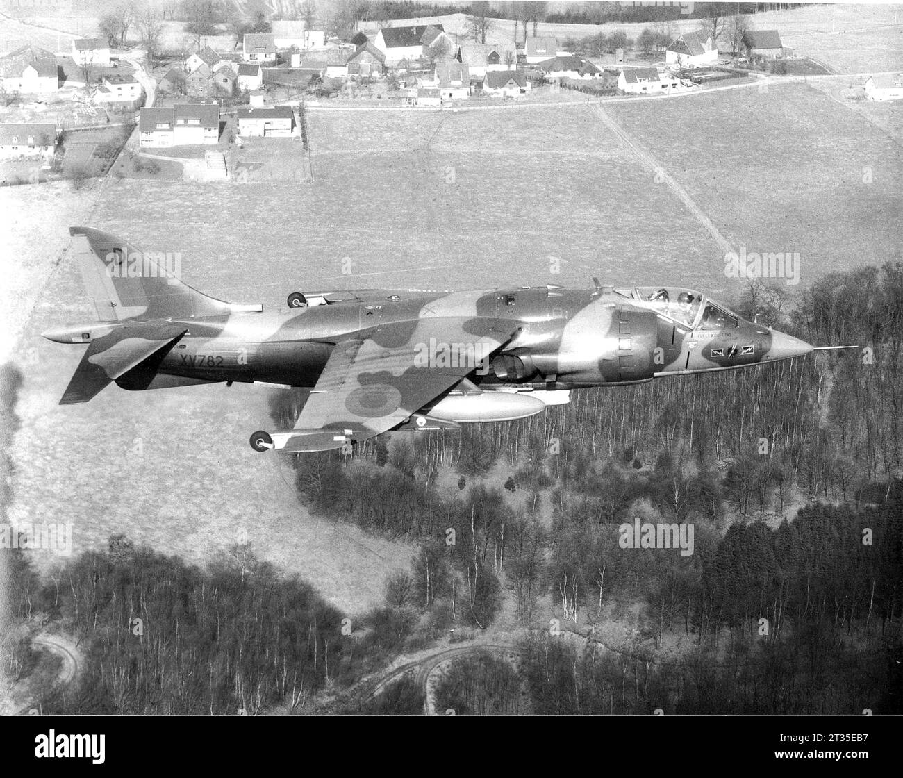 Hawker Siddeley Harrier GR1 of No 4 Squadron RAF flying at low-level over West Germany in early 1972 Stock Photo