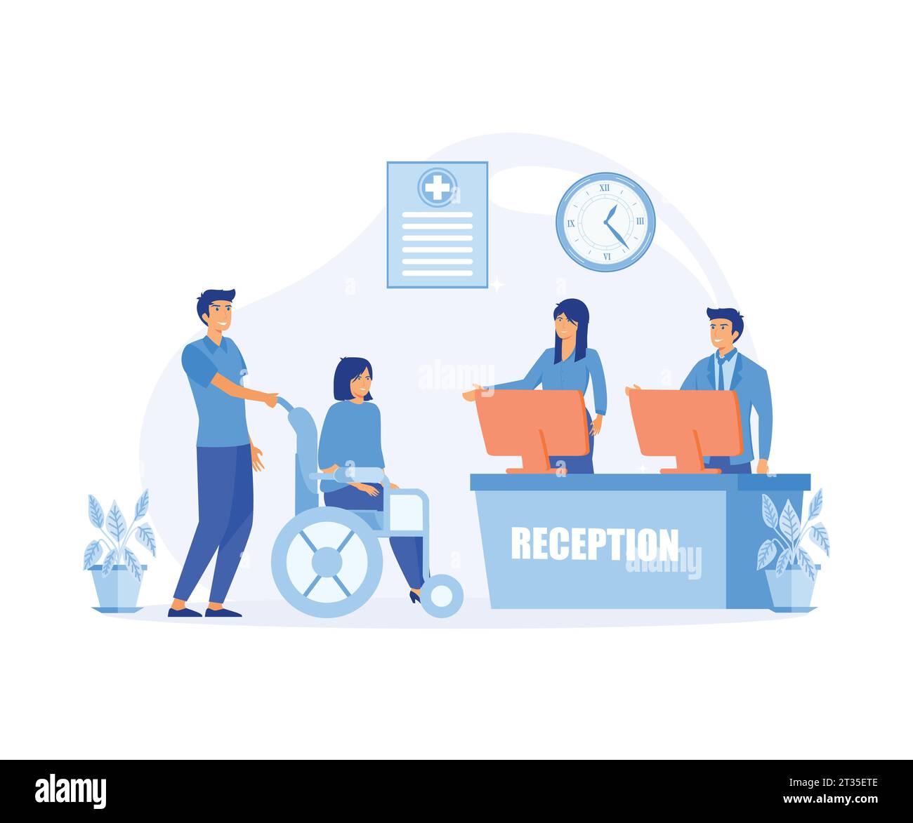 Reception in hospital with patients. Waiting room with disabled man. flat vector modern illustration Stock Vector