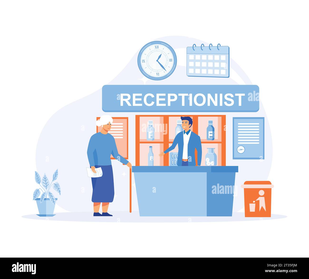 Hospital receptionist, Senior lady visiting medical clinic office, worker providing support to patient. flat vector modern illustration Stock Vector