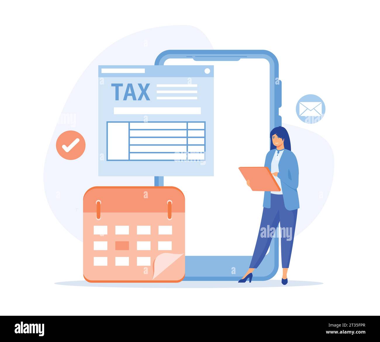 Taxation planning concept. Characters using tax calendar to filling tax