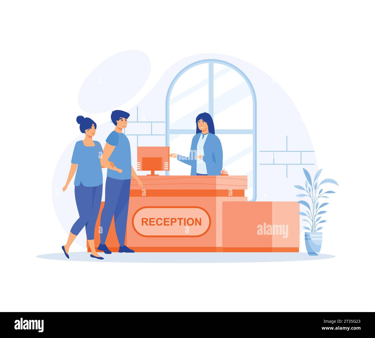 hotel receptionist concept, Pair of tourists or travelers standing at