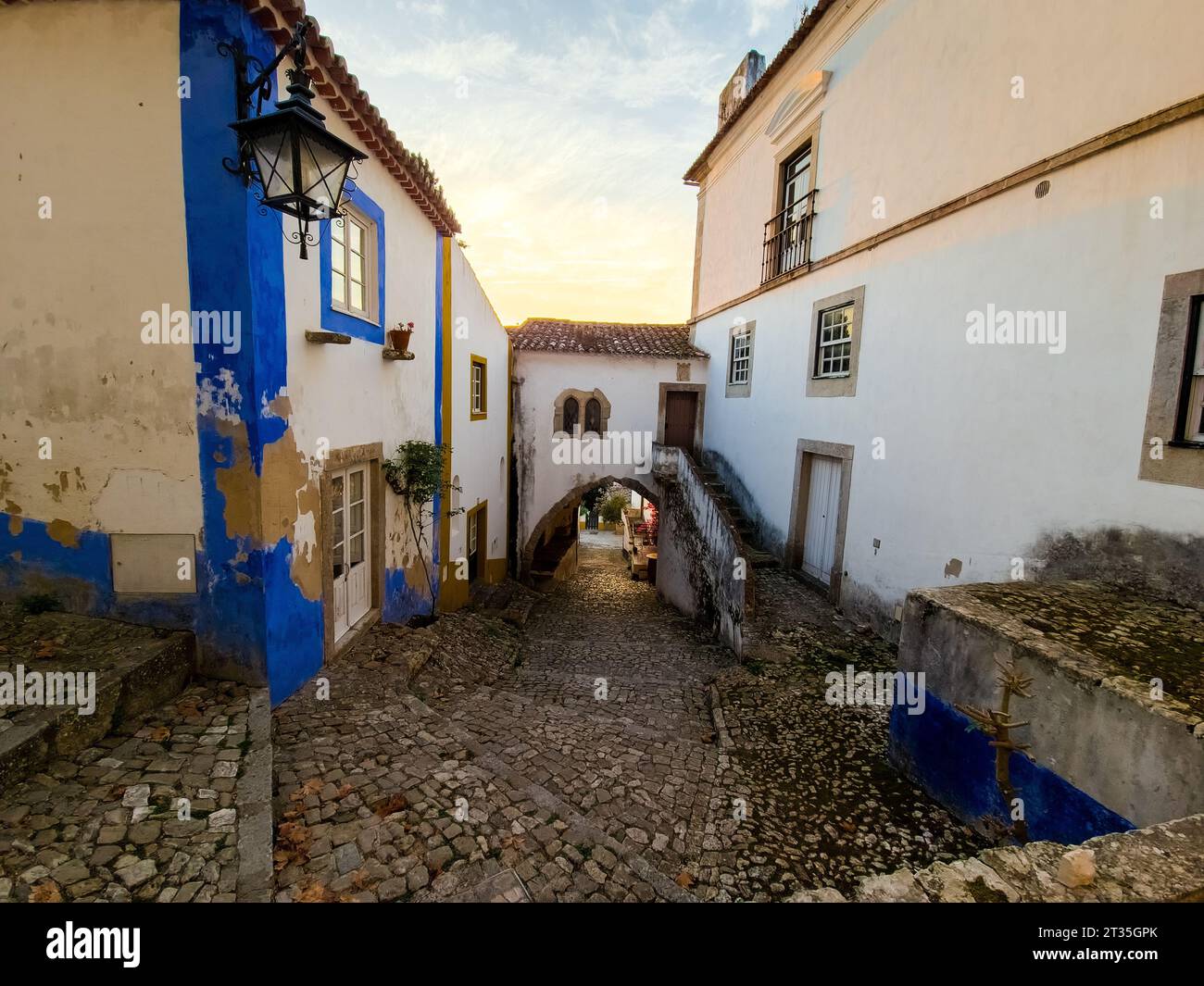 A scenic view of an old cobblestone street lined with quaint homes ...