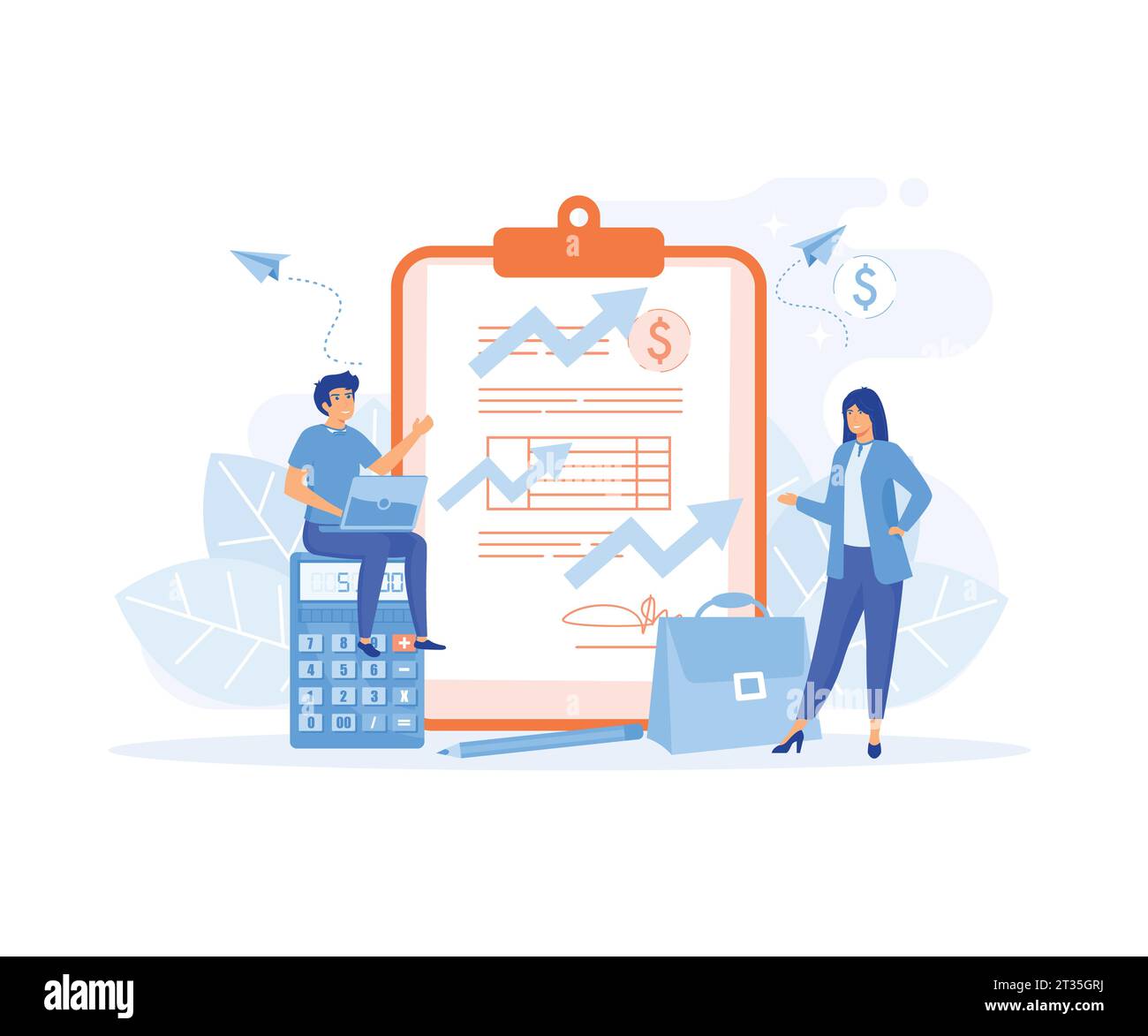 financial management concepts, People and clipboard with financial document, Accounting, business plan, flat vector modern illustration Stock Vector