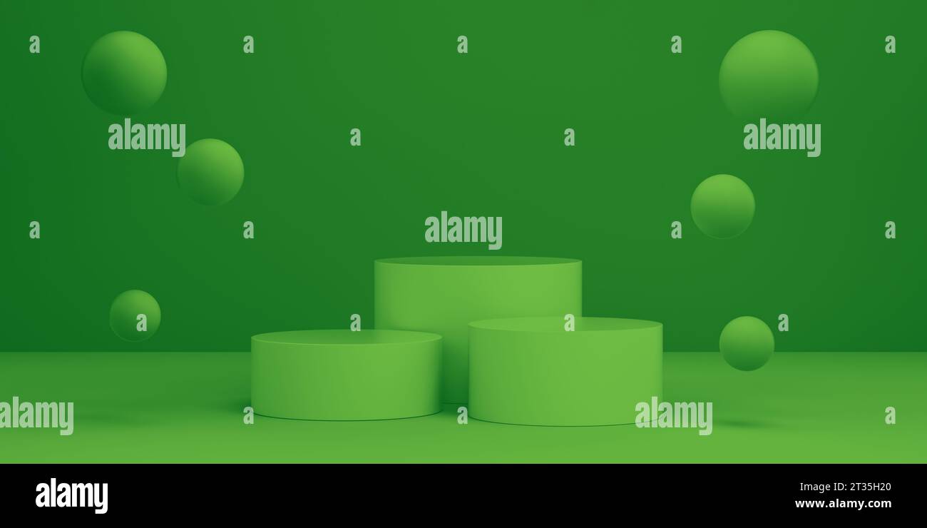 Podium with bubble floating on green environmentally sustainable. Ecology products concept. 3d rendering. Stock Photo