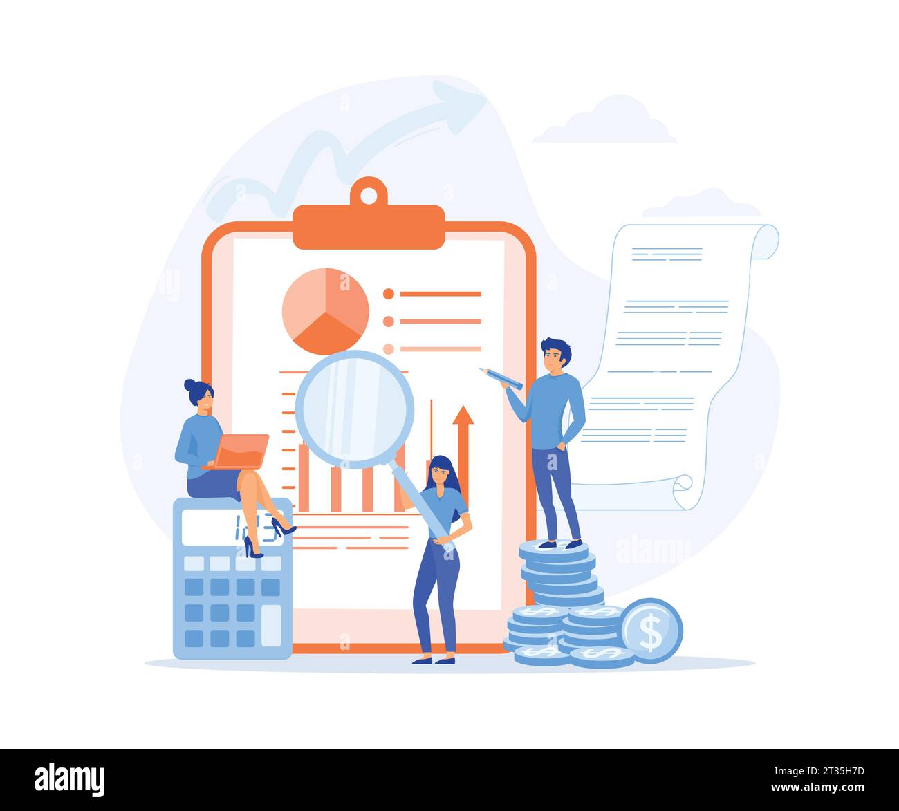 Organizing Accounting, Financial, Banking Data. accountant Characters around of Huge Clip Board Filling Bookkeeping Graphs and Charts Counting, flat v Stock Vector