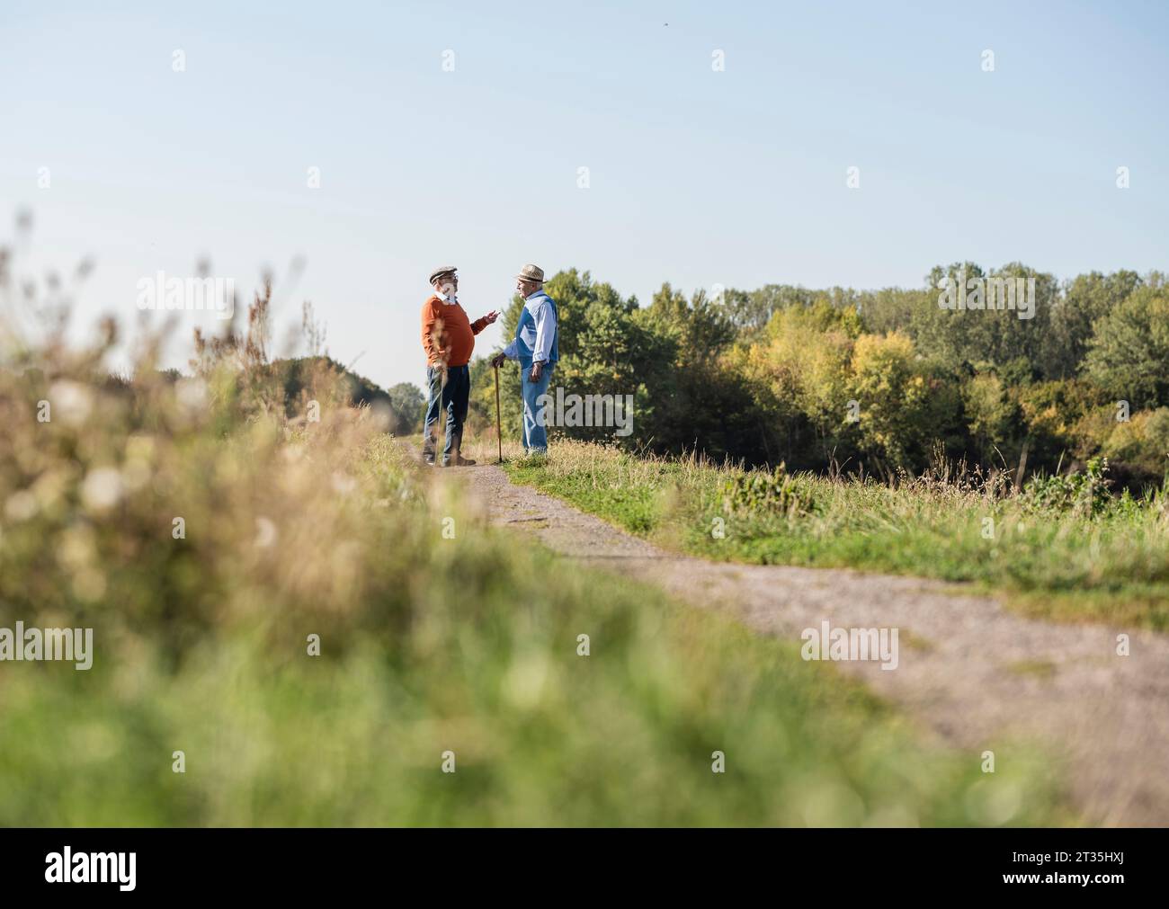 Two old friends standing in the fields, talking about old times Stock Photo