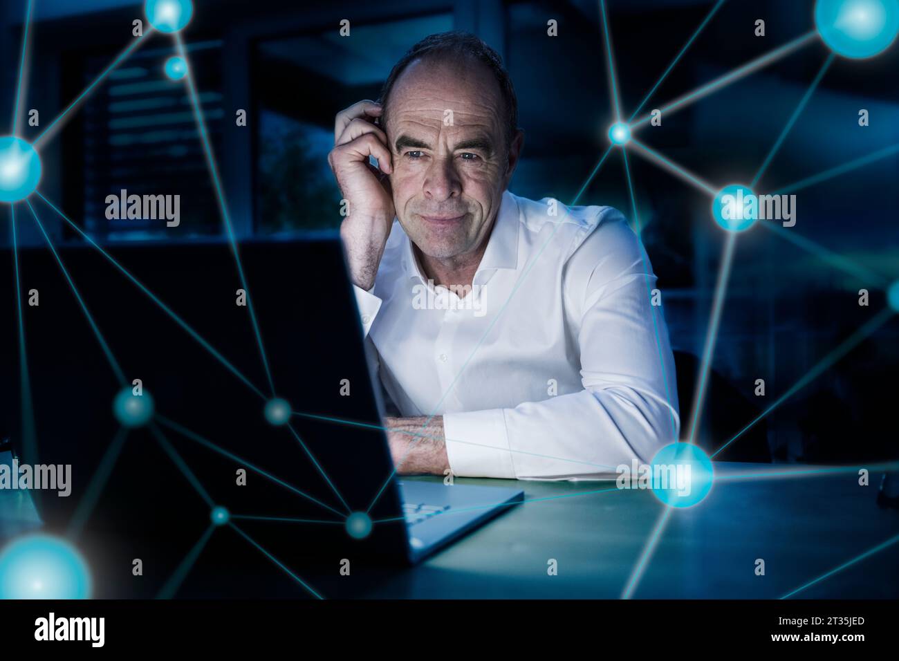 Digital composite image of connecting dots and thoughtful businessman with laptop in office Stock Photo