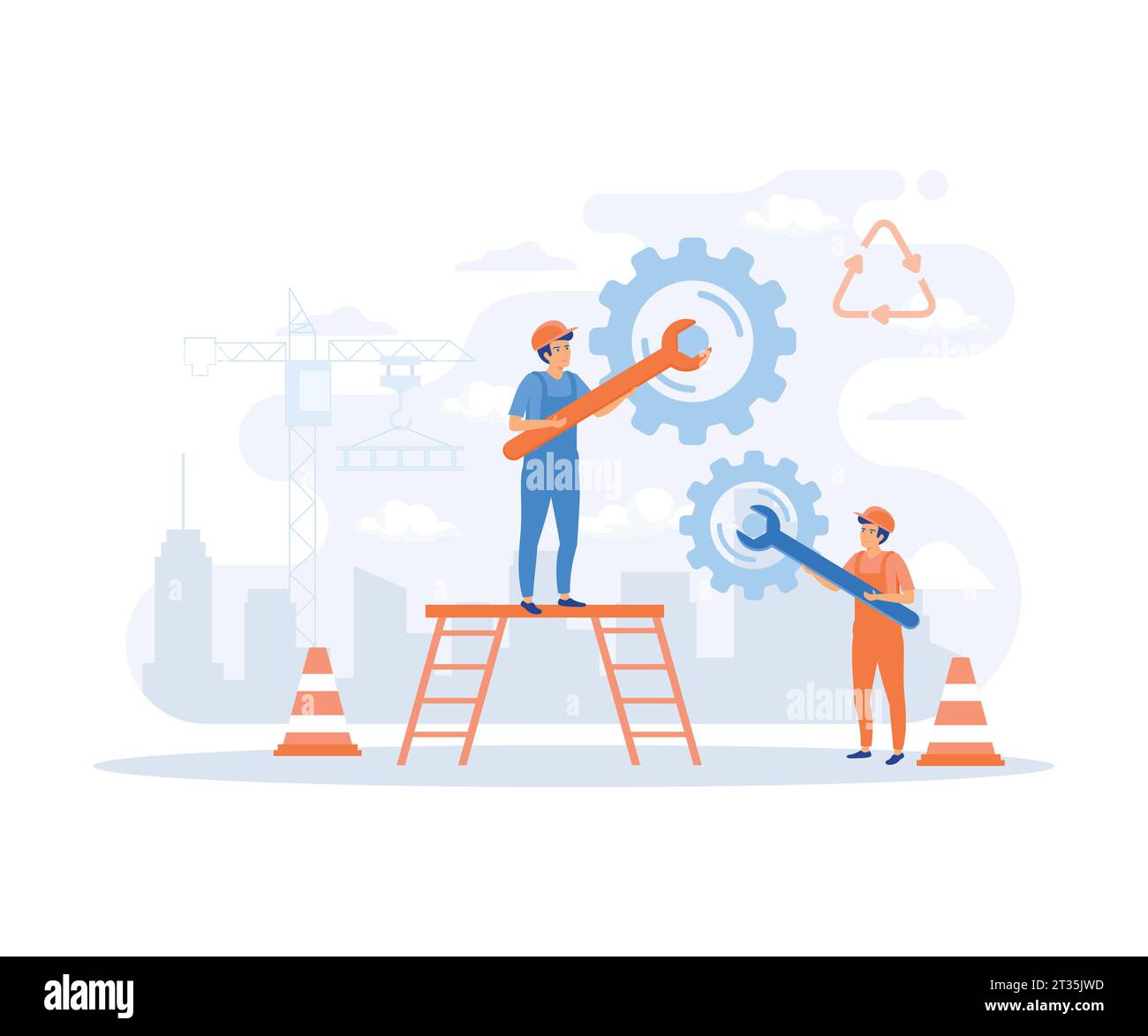 teamwork process concept, workers couple rotating cogwheels, flat vector modern illustration Stock Vector