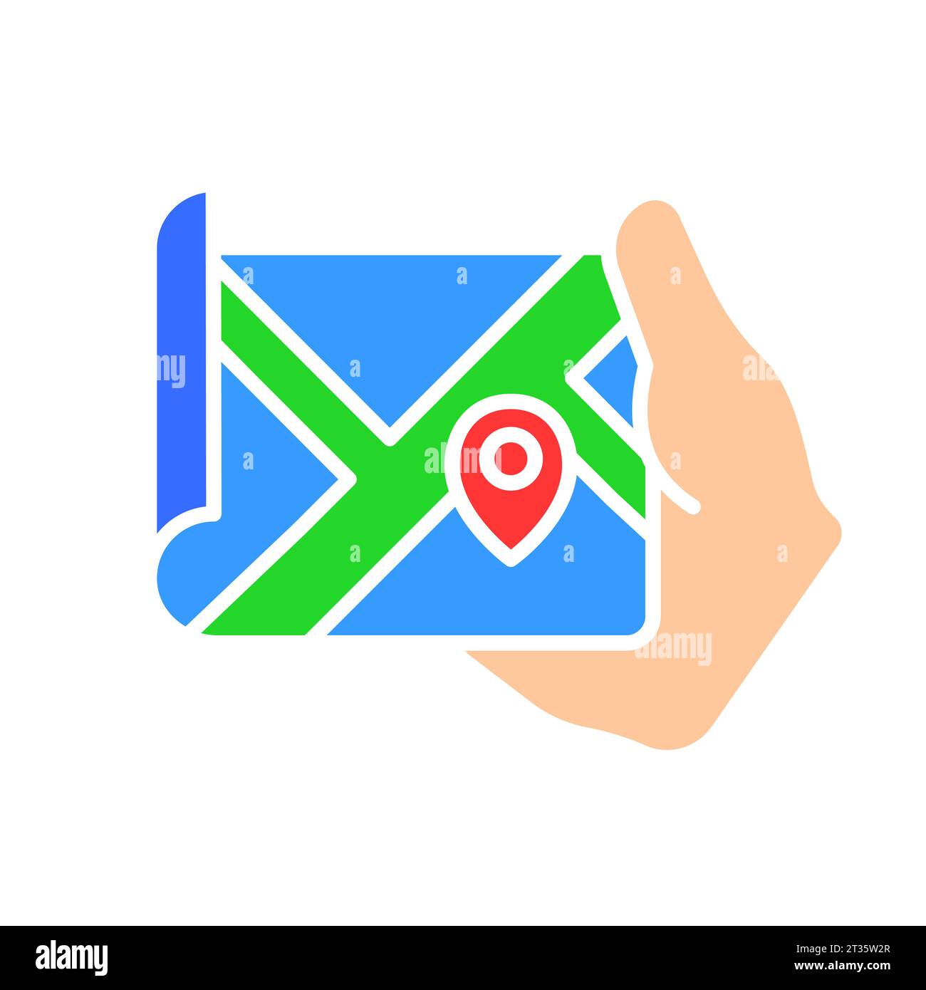 Hand holding small map with gps pointer line icon. Geography, study