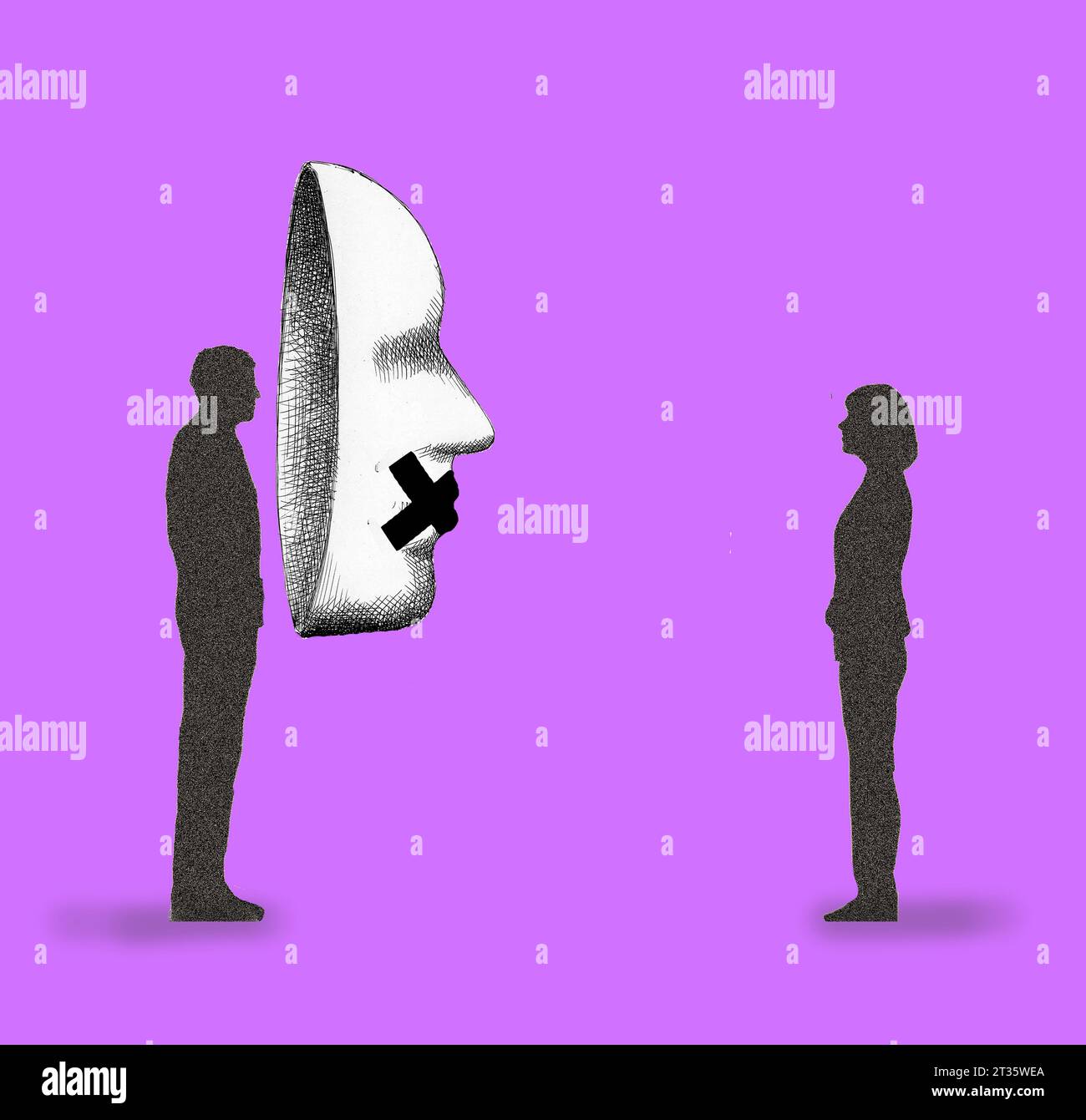 Illustration of couple standing face to face with man hiding behind oversized mask with taped mouth Stock Photo
