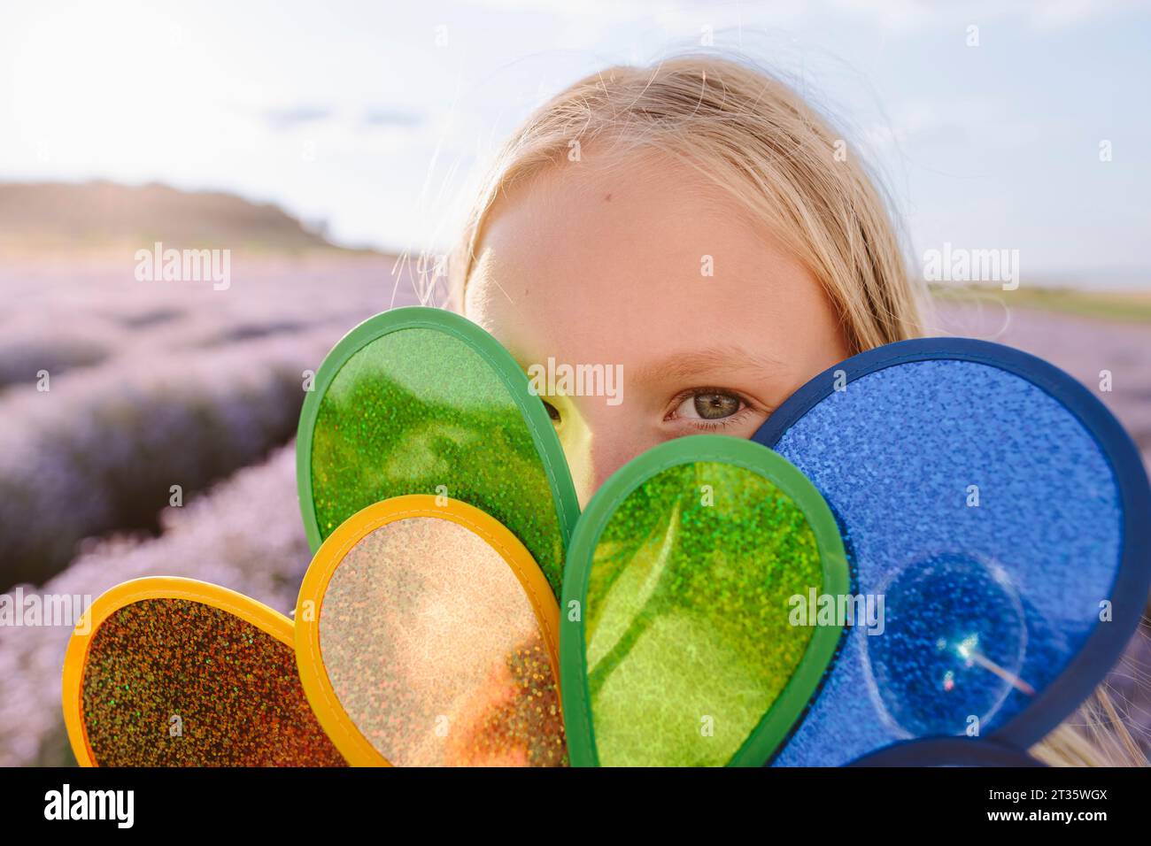 Blond girl hiding face with pinwheel toy in lavender field Stock Photo ...