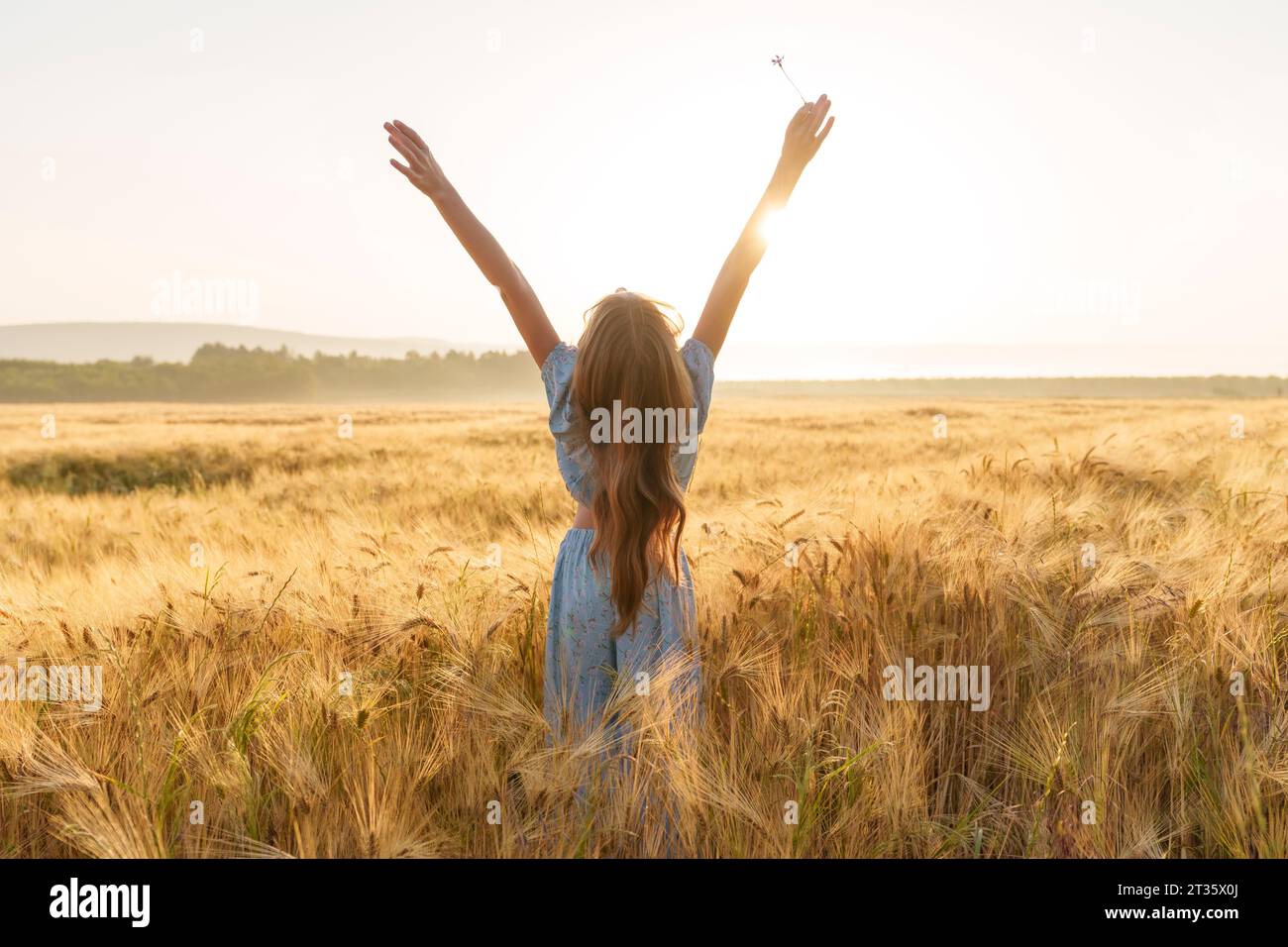 Girl with arms raised standing amidst wheat crop in field Stock Photo