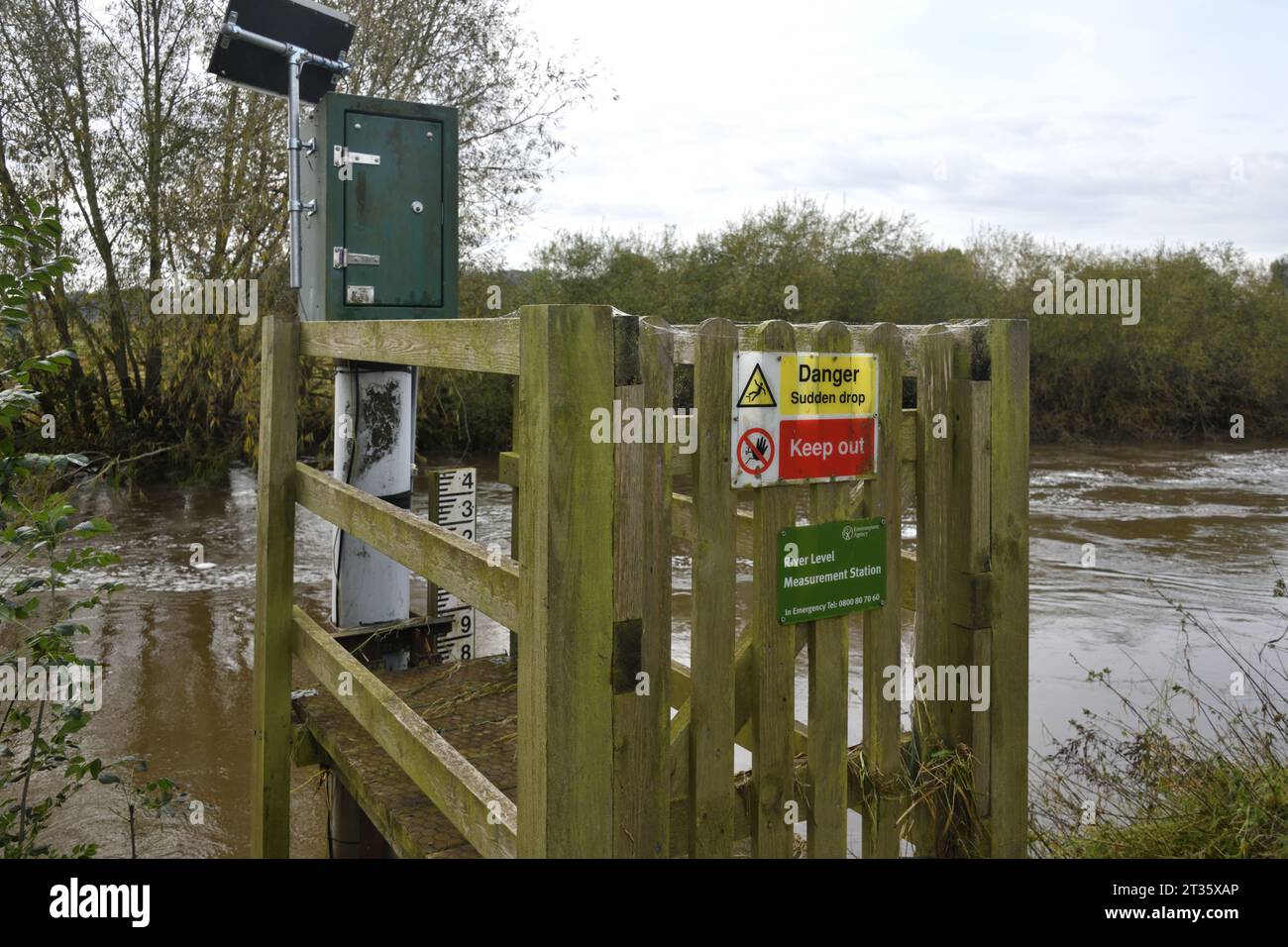 River Dove River Level Measurement Station at Hatton South Derbyshire after Storm Babet hit the UK in October 2023 Stock Photo