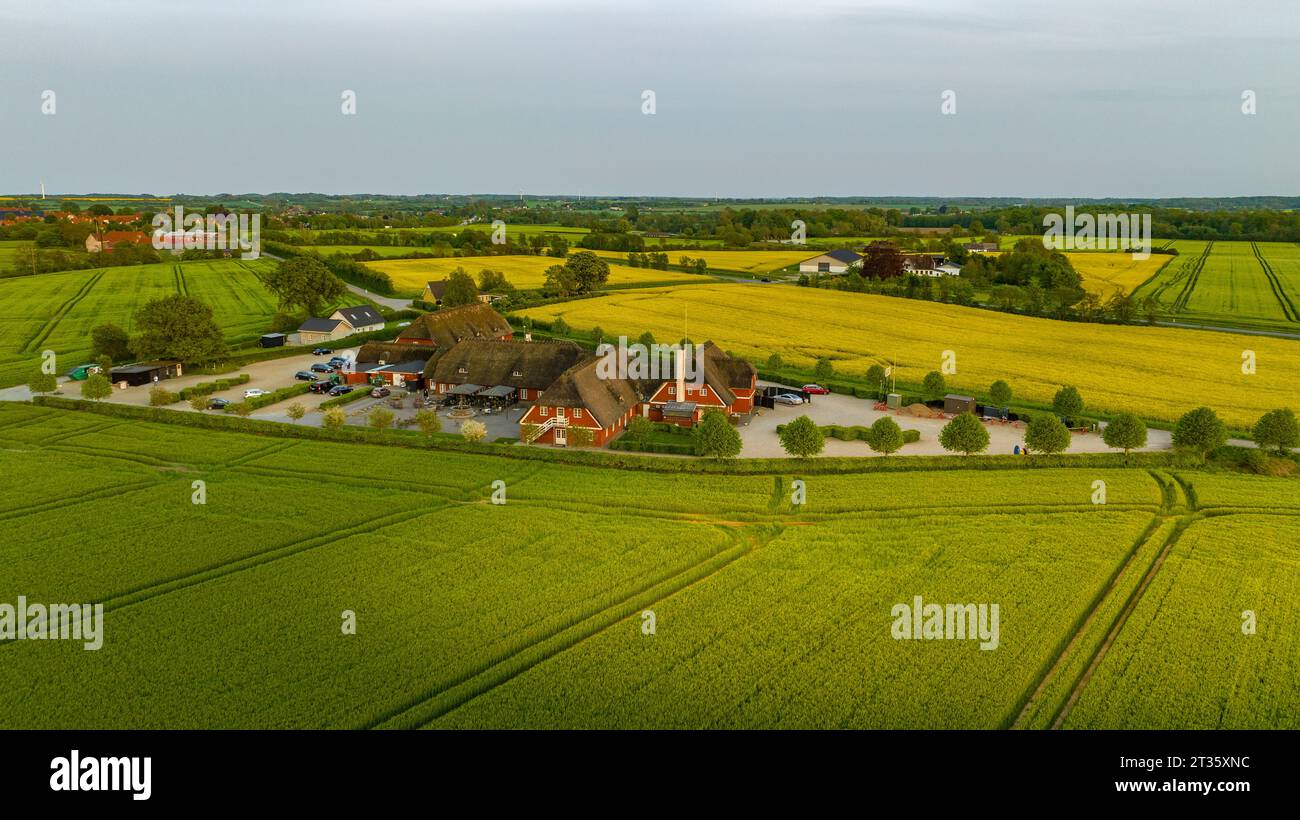 Denmark, Syddanmark, Christiansfeld, Aerial view of village surrounded by summer fields at dusk Stock Photo
