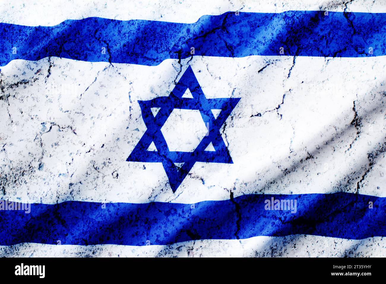 Grungy Israel flag. Israel flag beautifully waving wave with star of David over old wall texture for design background.Independence Day. National prid Stock Photo