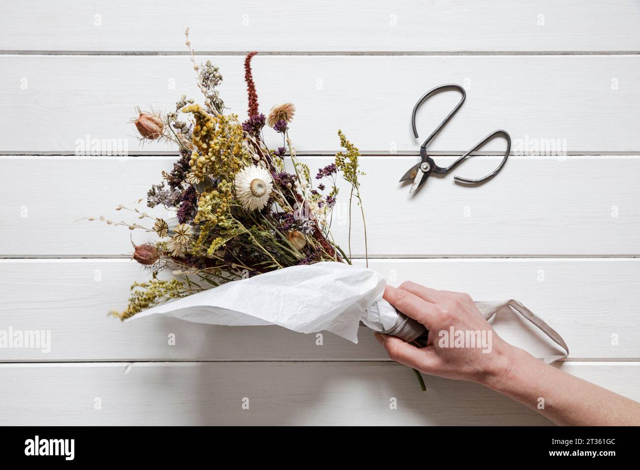Hand of woman picking up bouquet of dried flowers Stock Photo