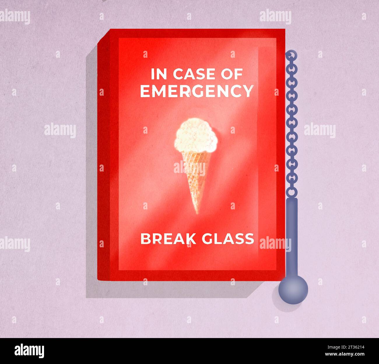 Illustration of ice cream inside safety box with glass breaker Stock