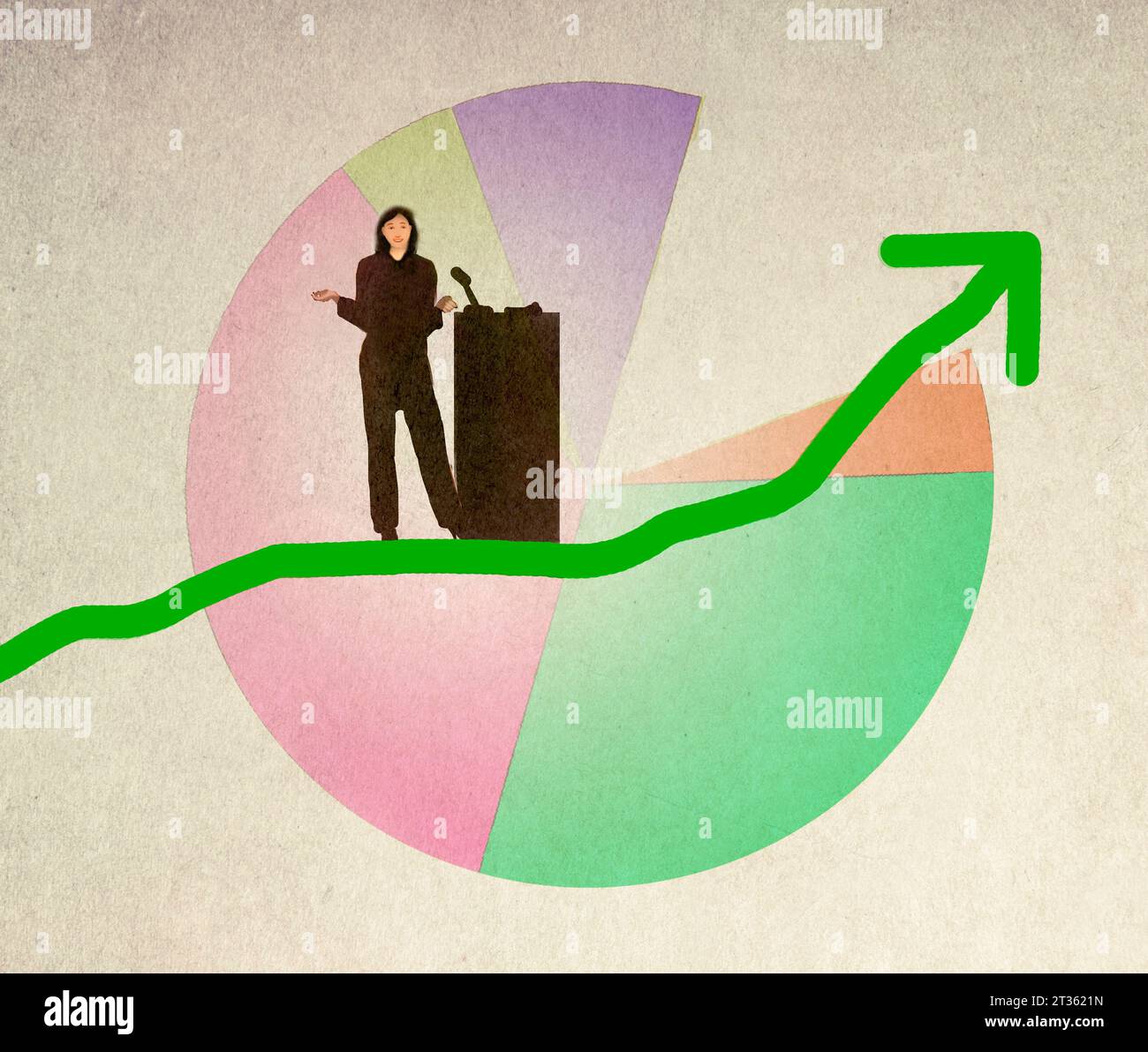 Illustration of female speaker standing on green arrow ascending against pie chart Stock Photo