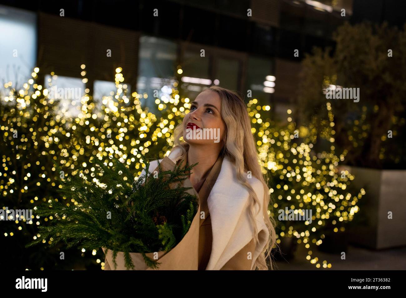 Smiling woman holding bouquet of plants near Christmas lights Stock Photo