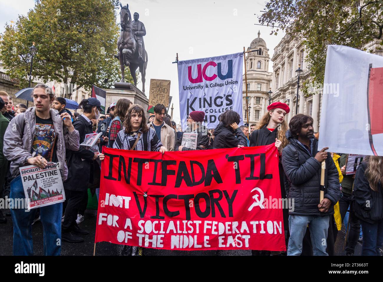UCU King's College Union students with Intifada until Victory banner, Pro-Palestinian protest in Central London on 21/10/2023, England, UK Stock Photo