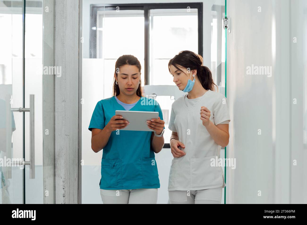 Dentist using tablet PC by colleague in clinic Stock Photo