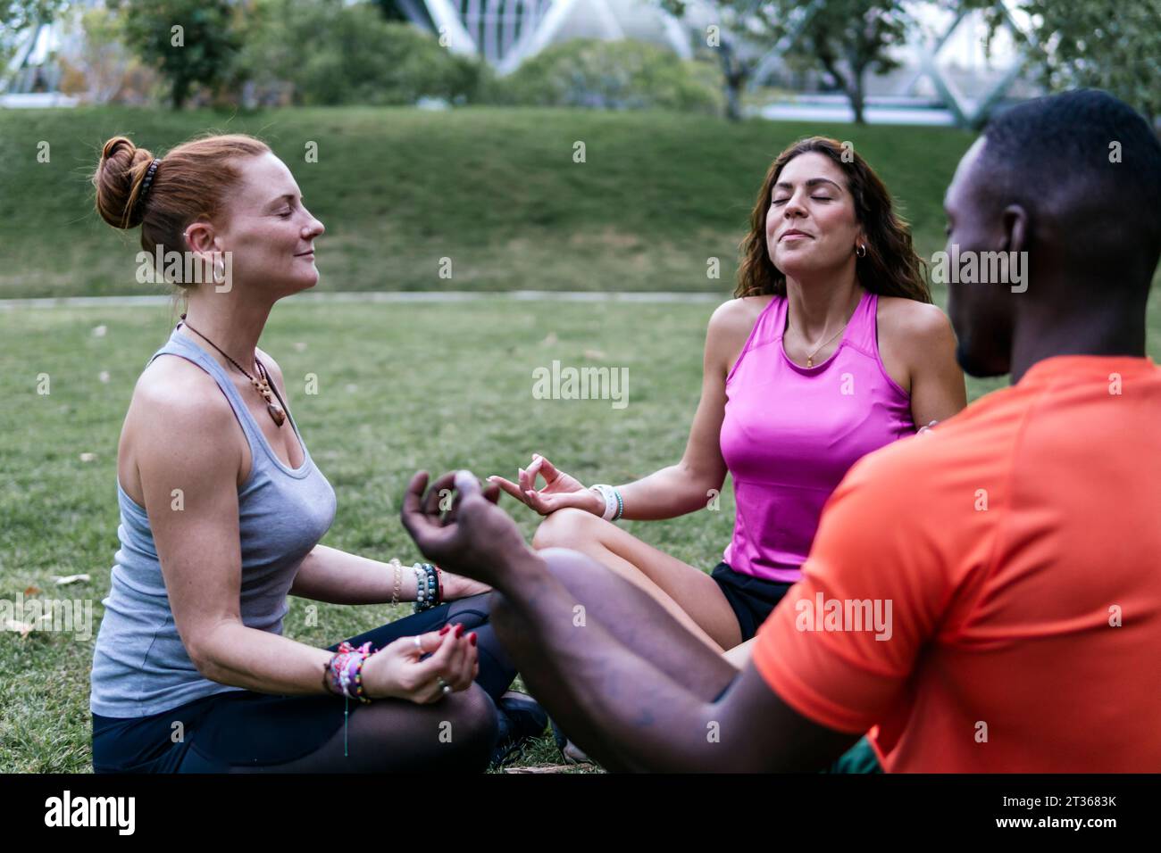 Multi-ethnic friends doing yoga in park Stock Photo