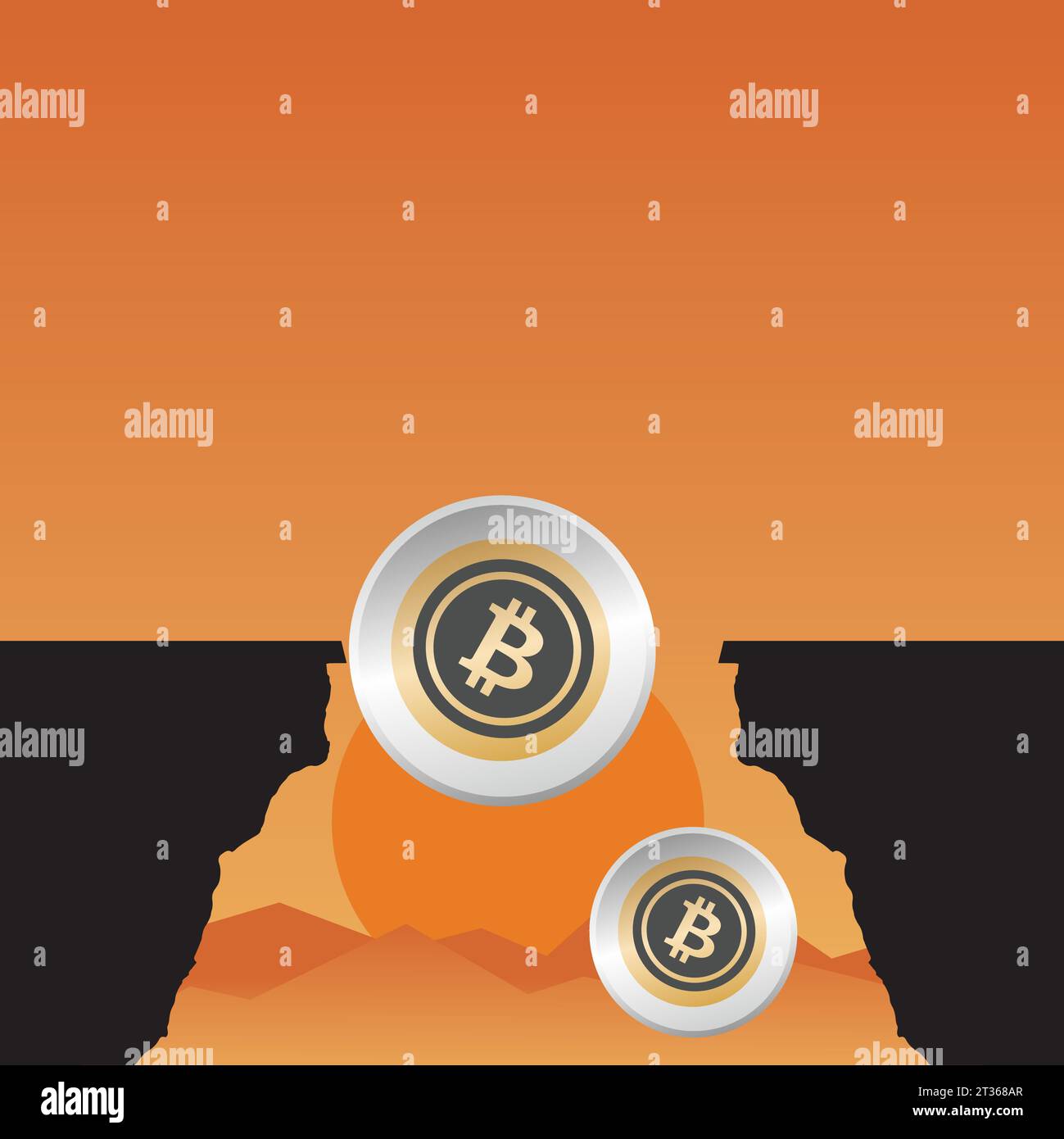 Coins with bitcoin symbol falling from a cliff at sunset Stock Vector