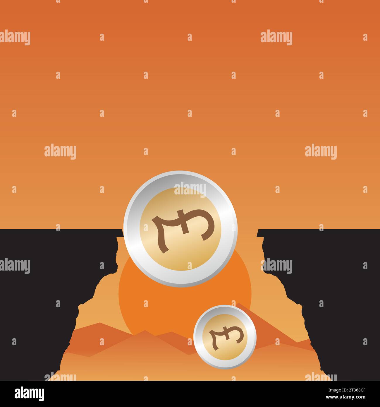 Coins with pound symbol falling from a cliff at sunset Stock Vector