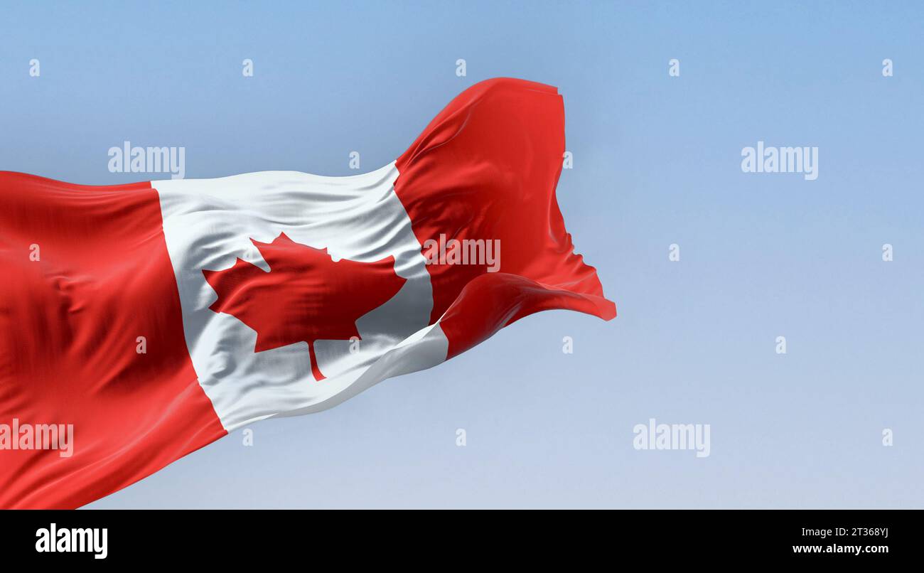 Canada national flag waving in the wind on a clear day. White square in center and red stylized maple leaf with eleven points. 3D illustration render. Stock Photo