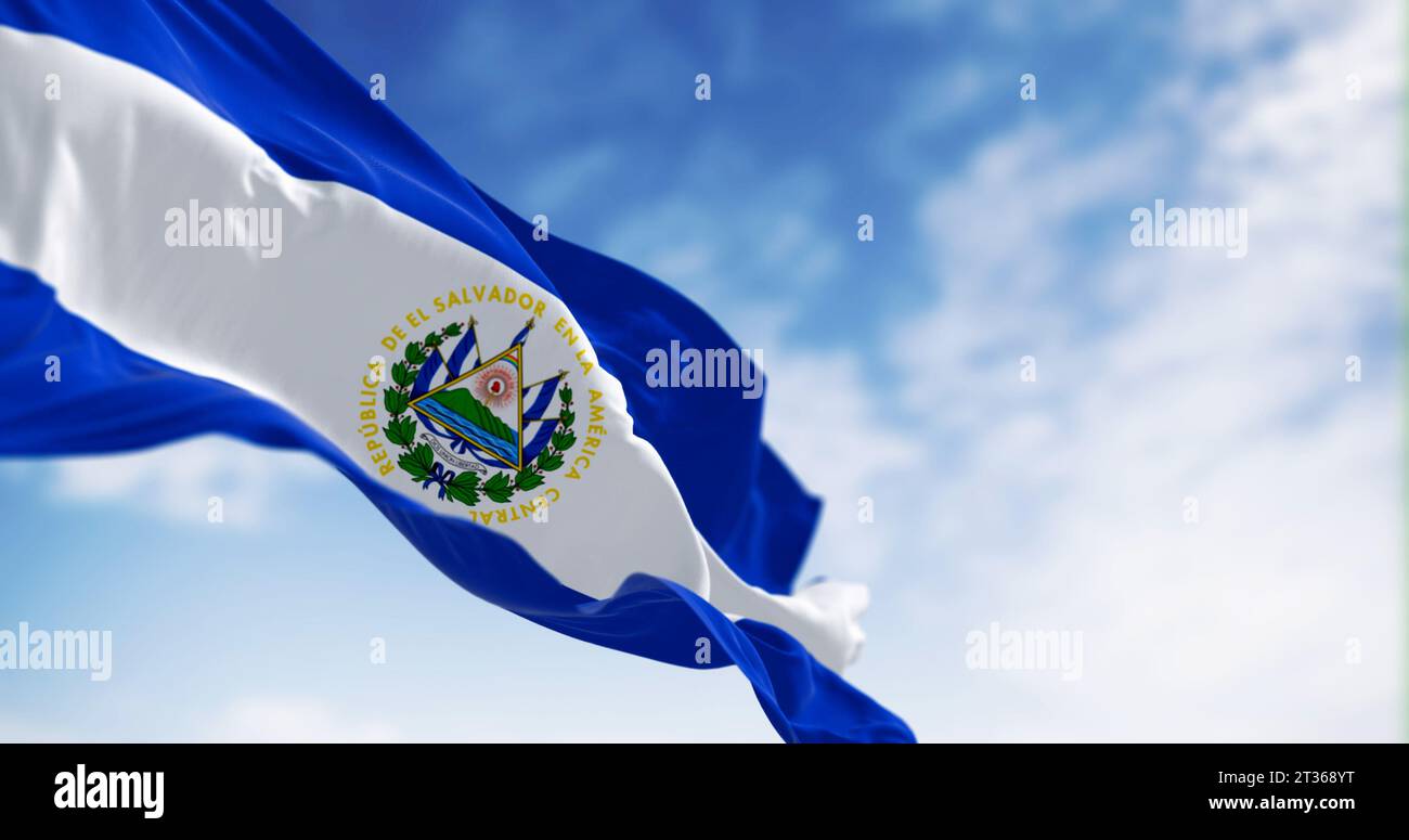 National flag of El Salvador waving in the wind on a clear day. Blue, white, and blue horizontal stripes, national coat of arms in the center. 3d illu Stock Photo