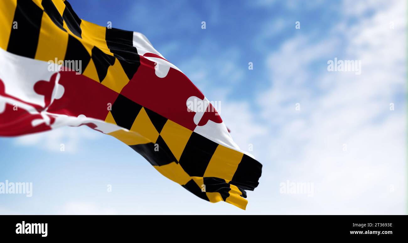 Maryland state flag waving on a clear day. Four quadrants with the colors of the Calvert and Crossland families. 3d illustration render. Fluttering fa Stock Photo