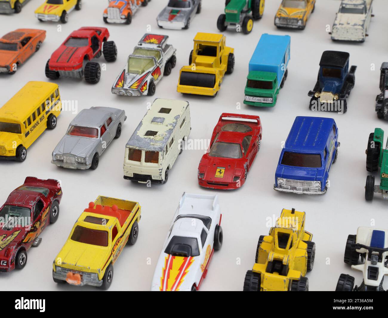 Los Angeles, California / USA - May 4, 2023: Many old and worn Hotel Wheels and Matchbox vintage toy vehicles are shown on display. Stock Photo