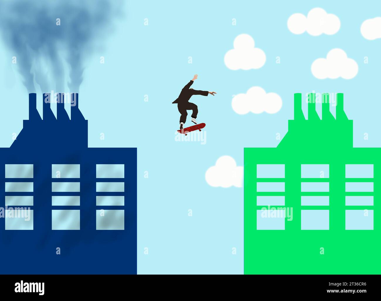 Businessman performing skateboard jump from smoke producing factory towards green sustainable one Stock Photo