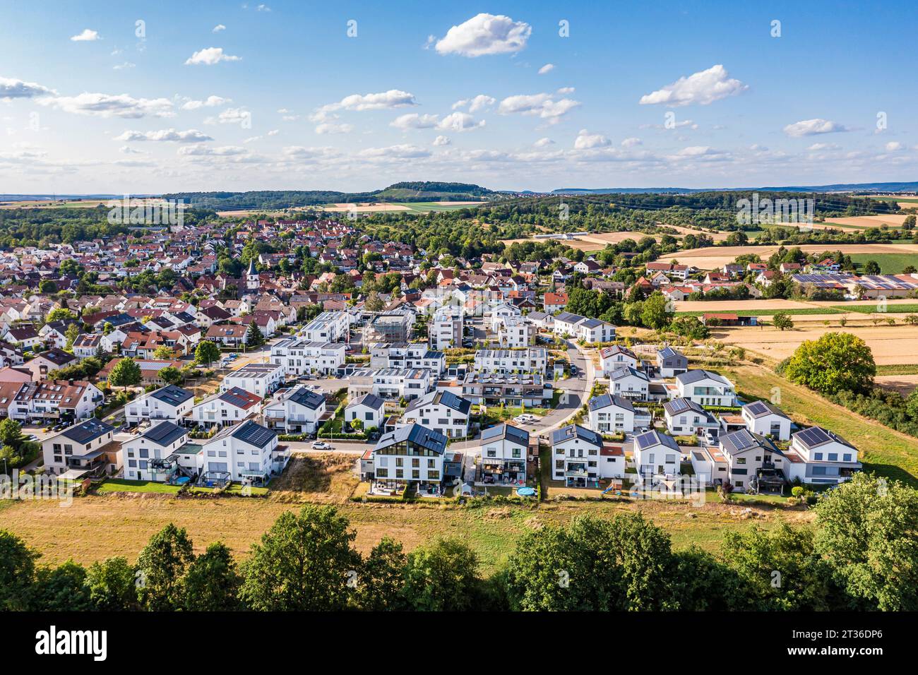 Germany, Baden-Wurttemberg, Waiblingen, Aerial view of new climate-neutral development area in summer Stock Photo
