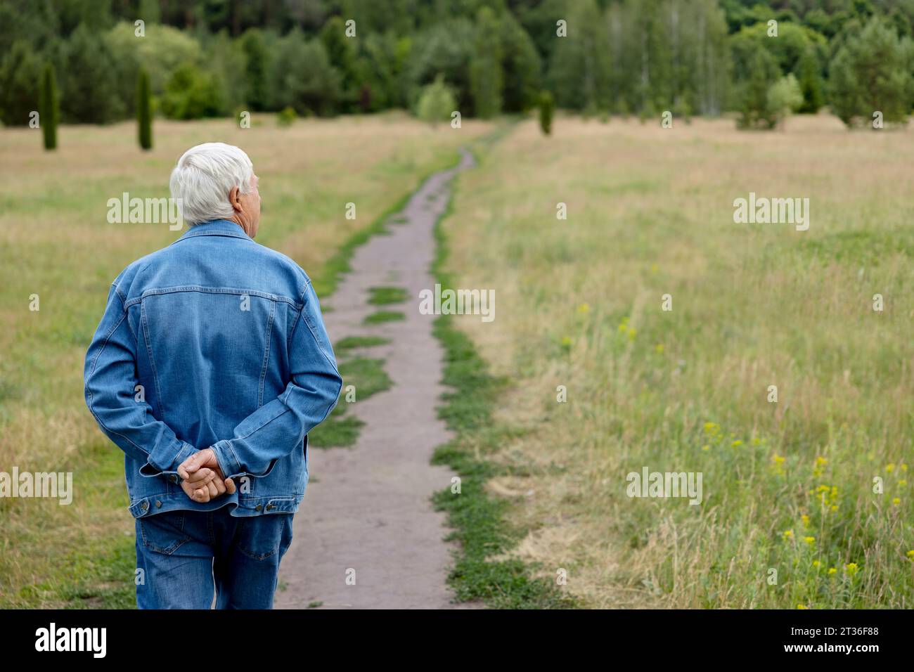 Elderly man strolling on footpath at park Stock Photo