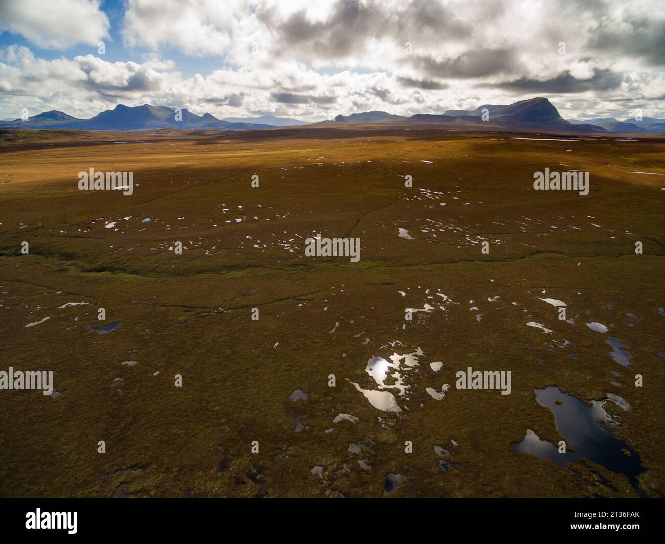 A'MHOINE PENINSULA, SUTHERLAND, SCOTLAND, UK - 12 September 2023 - Aerial view of blanket peat bog systems on the A'Mhoine Peninsula near Tongue, Suth Stock Photo