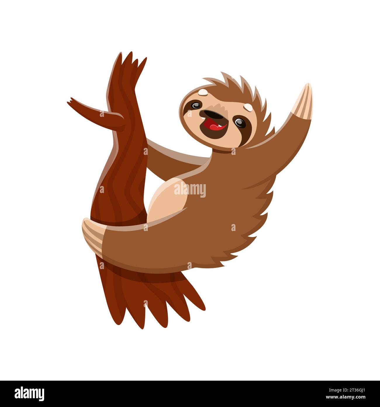 Cartoon sloth character perched on a tree trunk, waving its arm