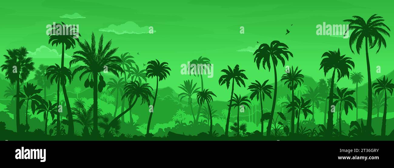 Tropical jungle forest landscape, rainforest silhouette. Tropical forest flora and fauna, Amazon rainforest scenery or national park nature environment vector background. African jungle landscape Stock Vector