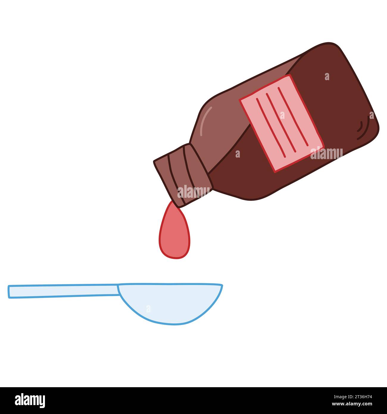 Pouring medicine syrup into measuring spoon from brown glass bottle