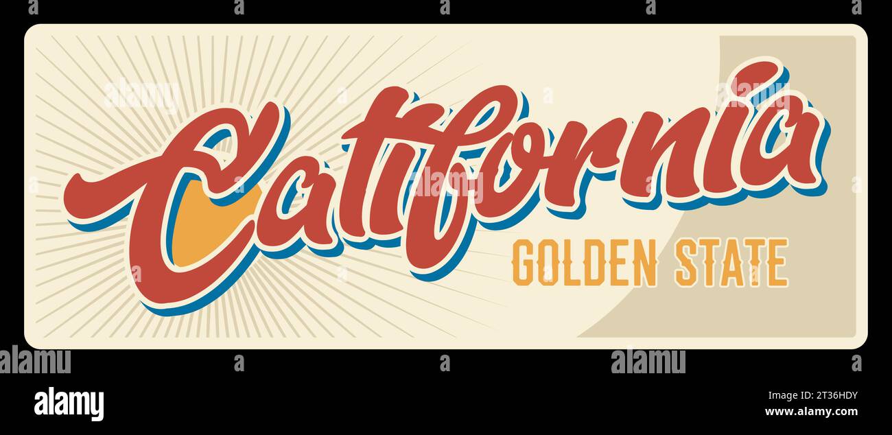American golden state California travel plate, vintage vector banner, sign for travel destination. Retro board, antique signboard with typography, Sacramento capital, Los Angeles tin number plate Stock Vector