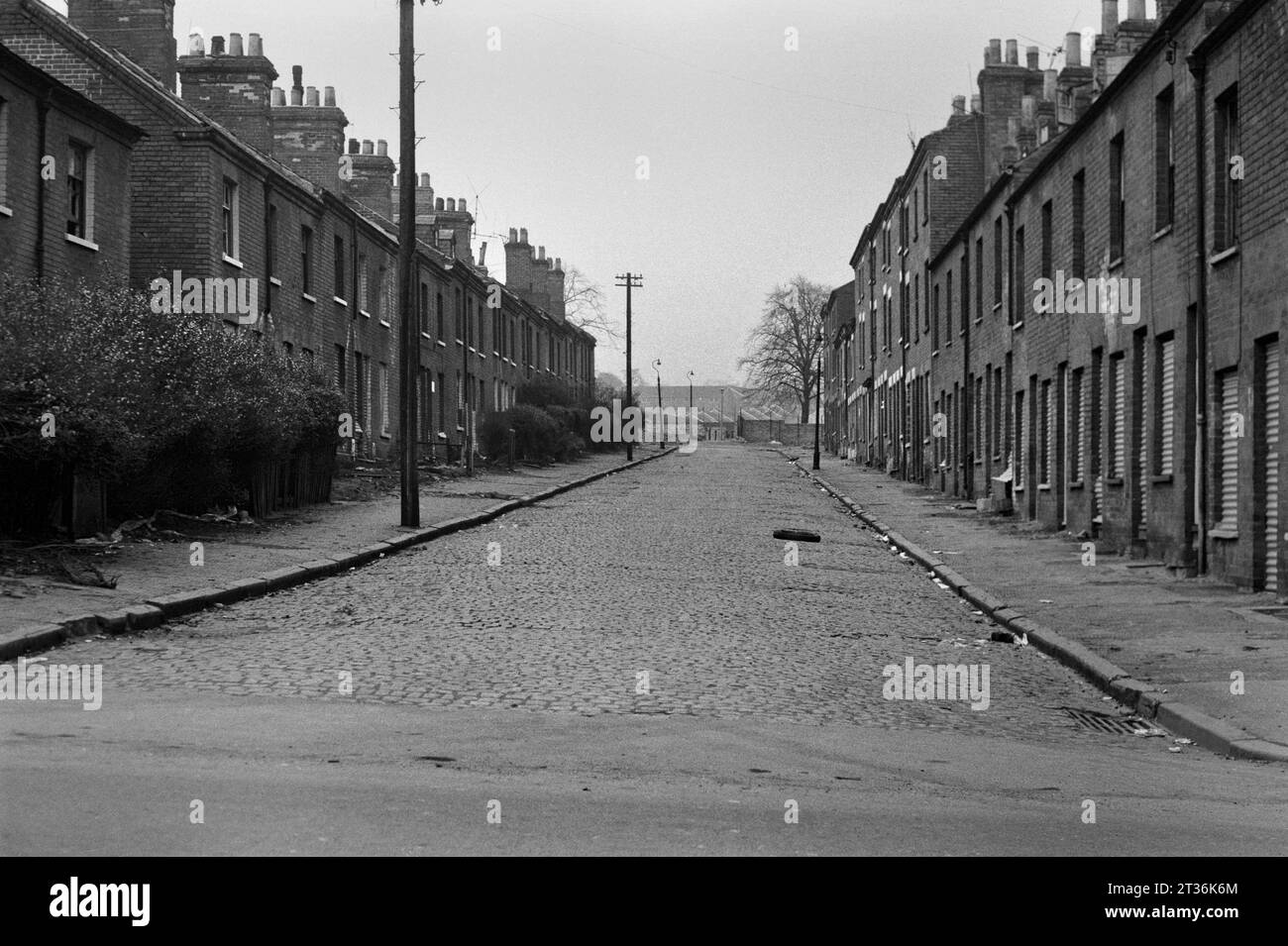 Row of shuttered empty houses on Peas Hill Rise awaiting demolition