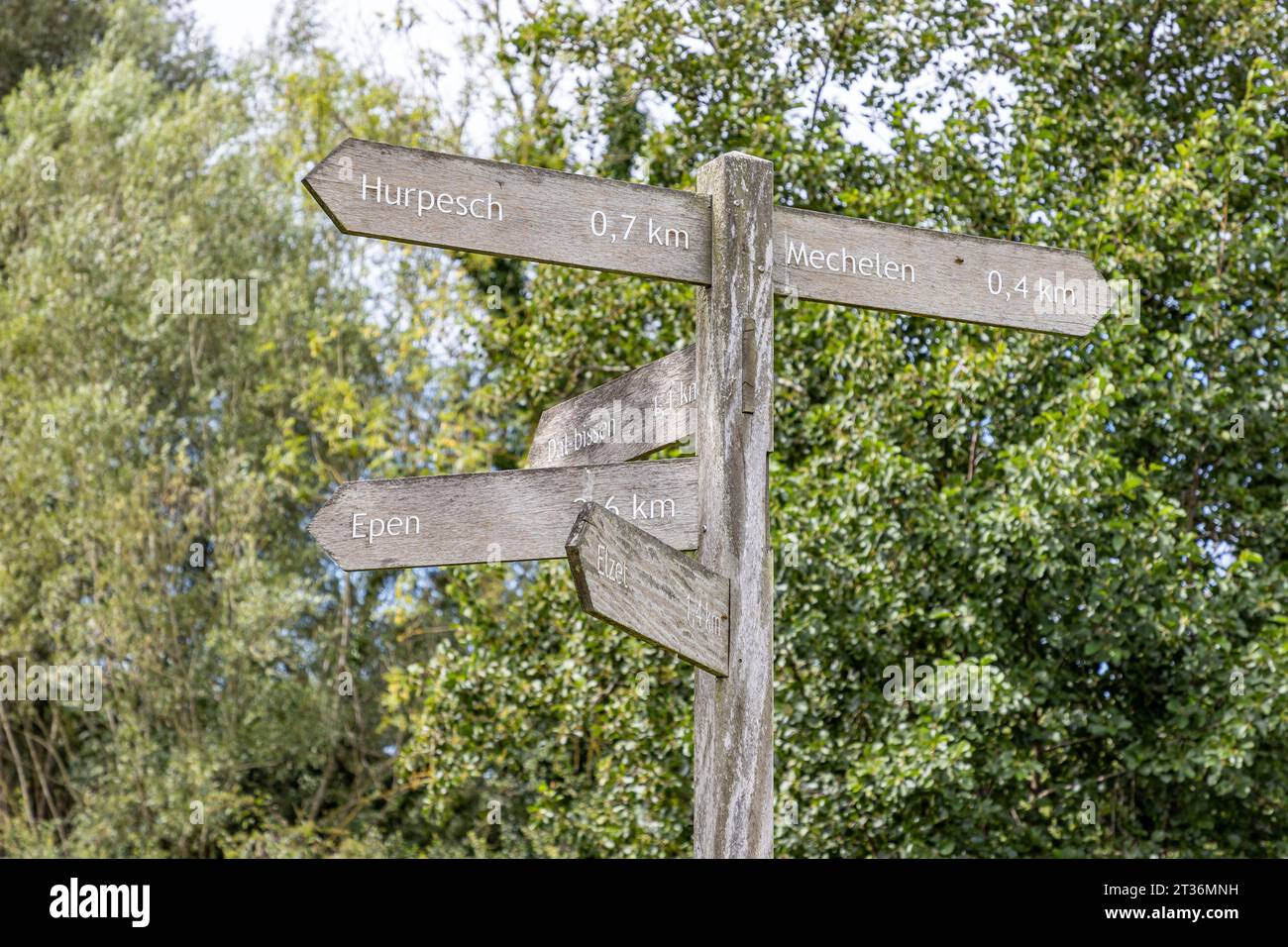 Hiking routes sign at crossroads in Gulpen-Wittem region, towards towns: Hurpesch, Mechelen, Epen and Elzet, green foliage of trees in blurred backgro Stock Photo