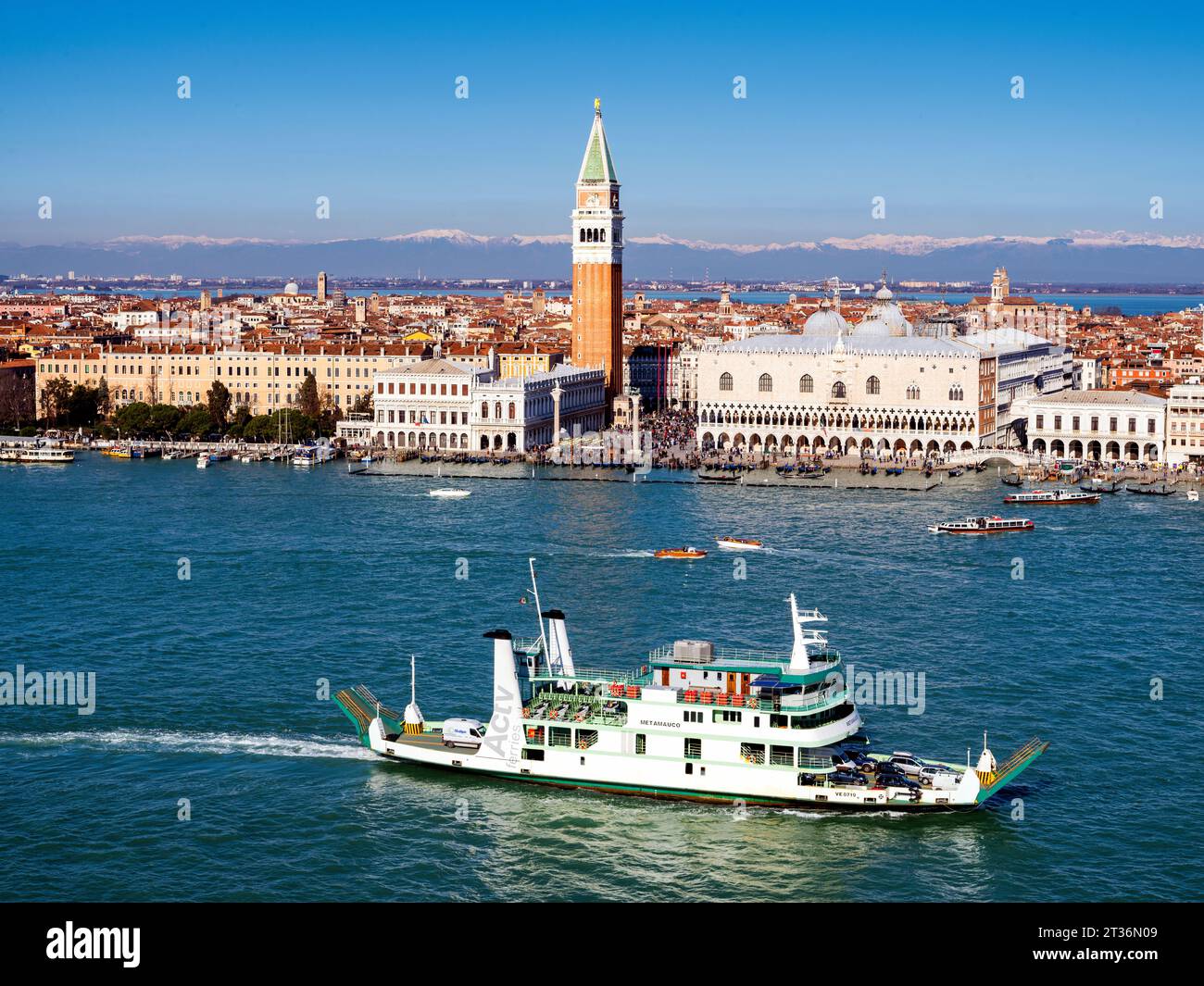 Aerial View of Piazza San Marco and Doges Palace with Ferry Boat, Veneto,Venice,Italy,Europe Stock Photo